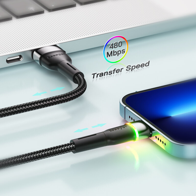 Светодиодный USB-кабель Essager для iPhone, кабель 14 13 12 11 Pro Xs Max X Xr для быстрой зарядки