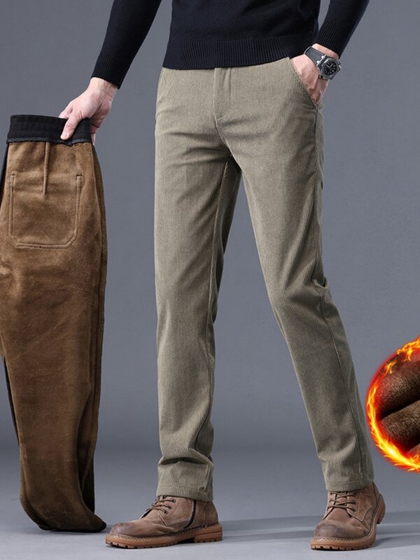 Calça casual masculina de veludo liso solto, calça comprida grossa para neve de pelúcia quente, roupa de negócios, inverno 2023