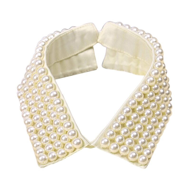 652F Women Retro Handmade Beading Faux Pearls Layers Bib Lapel Fake Collar Jewelry Detachable Necklace Choker Cloth Accessory