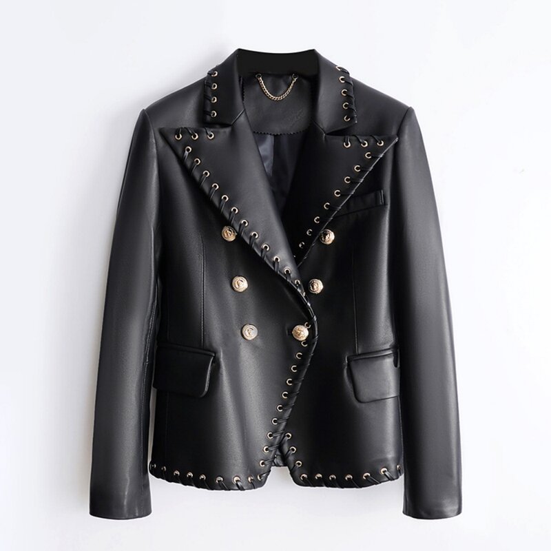 Europe 2023 Autumn Winter Chic Women High Quality Sheepskin Double-breasted Genuine Leather Blazers Jackets Short Coat F169