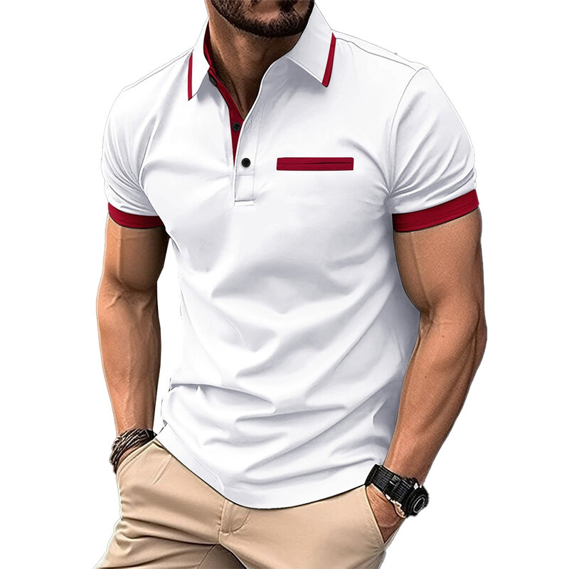 男性用ポリエステルTシャツ,半袖,折り襟,ストレッチ,夏服