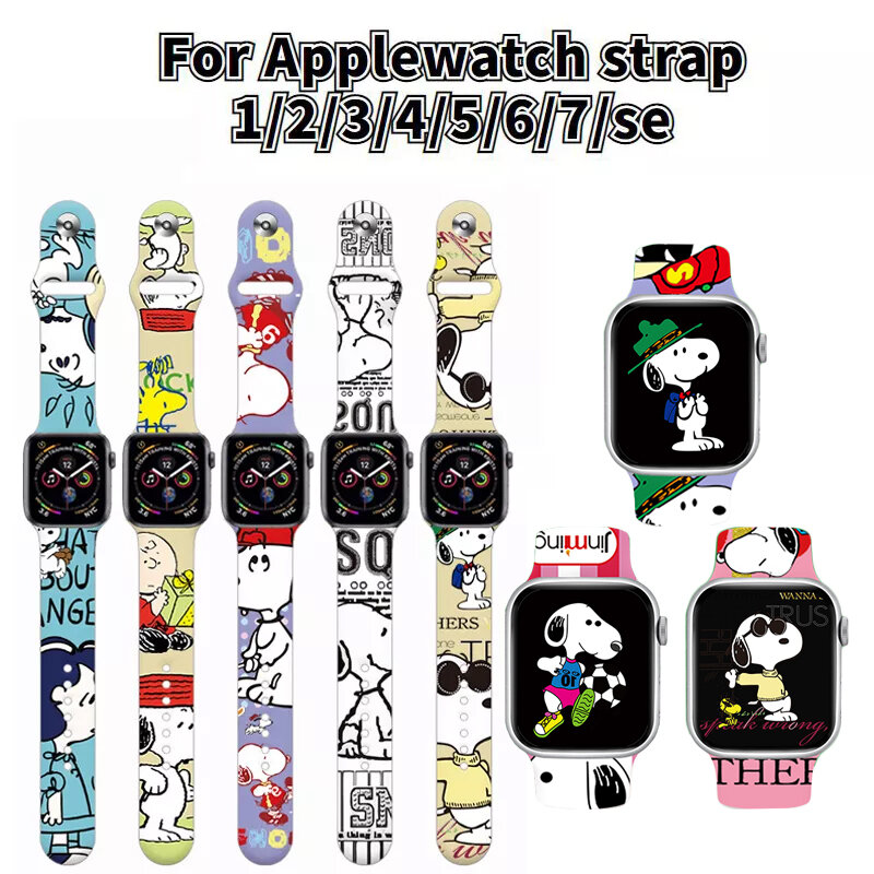 Snoopy Silikon Cetak Tali Jam Tangan Apple, untuk S7Apple Series 6 5 4 3 2 SE Gelang Jam Pengganti 38Mm 40Mm 42Mm 45Mm Hadiah Mainan Anak-anak