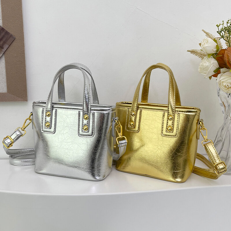 Высококачественная кожаная сумка и кошелек, женская сумка, роскошная дизайнерская маленькая сумка-ведро через плечо, роскошные Серебристые повседневные клатчи