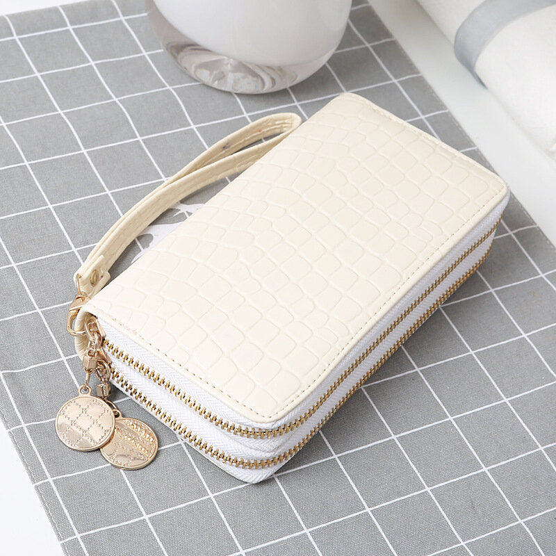 Femalelong-패션 밝은 옻칠 동전 핸드백, 솔리드 컬러 더블 지퍼 대용량 카드 스톤 패턴 긴 지갑