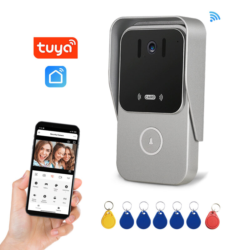 Timbre WiFi 1080P Tuya, intercomunicador inteligente para puerta con tarjeta IR RFID, función de desbloqueo, timbre de puerta IP, cámara de seguridad