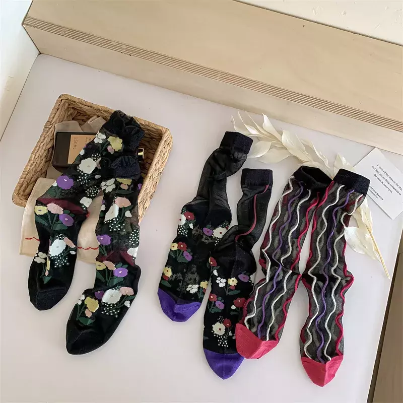 3 Pairs Women's Socks New Fashion Black Socks Breathable Casual Sweet Girls Thin Transparent Crew SocksSet Mixed-color Comfort
