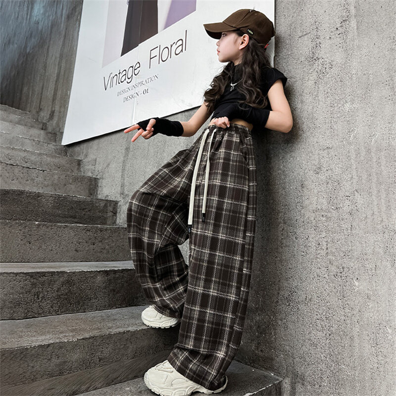 Versão coreana feminina de calças de perna larga, estilo francês infantil, moda infantil, novo, primavera, 6 a 15 anos, 2024