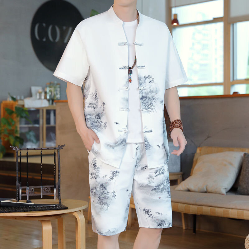 Camisa de manga curta bordada masculina, tamanho grande, casual, relaxada, respirável, de alta qualidade, conjunto de duas peças, verão, nova moda, 2024