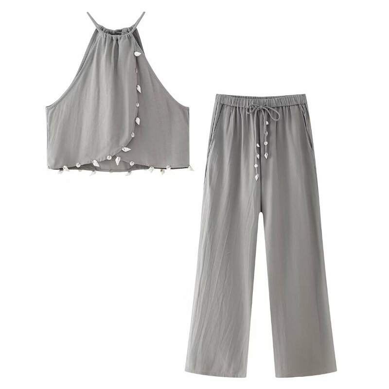 Suit Women's 2 Pieces 2024 New Casual Fashion Shell Decoration Retro Sleeveless Top+casual Wide-leg Drawstring Trousers Suit