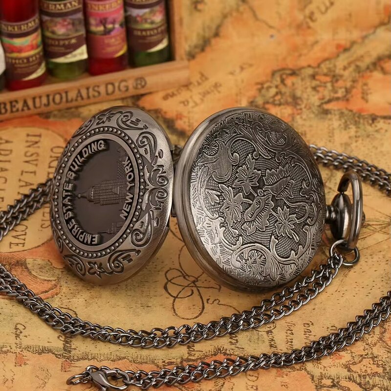 Reloj de bolsillo de cuarzo Steampunk para hombres, recuerdo de construcción del imperio del Estado de Nueva York, reloj de cadena Fob, regalo famoso