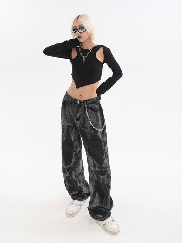 Jeans Longgar Lurus Celupan Retro Wanita Harajuku Hip-Hop Kasual Semua Cocok Kepribadian Kaki Lebar Jeans Wanita Y2k Streetwear Baru
