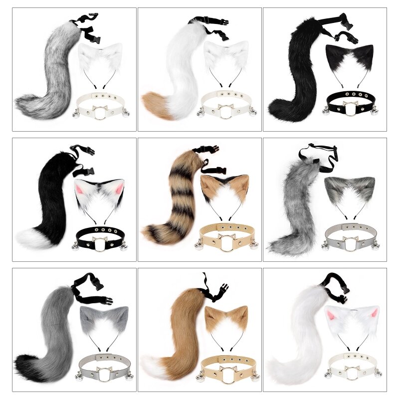 Fluffy Animal Ears Headband Furry for CAT Ears Hair Hoop collana Tail Set girocollo in pelle per Halloween Party Fancy Dres