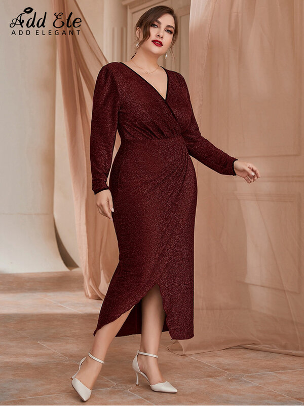 Gaun Balutan Ukuran Plus Musim Gugur 2022 Elegan Tambahan untuk Wanita Garpu Depan Leher V Dalam Dipasang Glitter Gaun Pesta Fashion Wanita 513