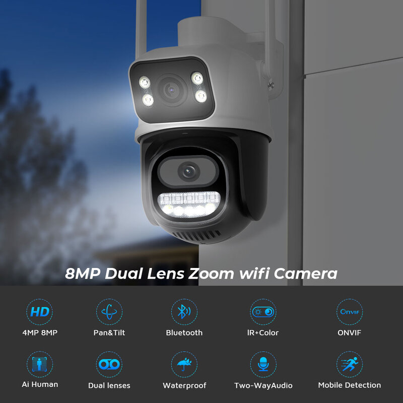 BESDER kamera IP CCTV 8MP PTZ, kamera IP pengawasan layar ganda deteksi manusia, perlindungan keamanan 4MP Wifi luar ruangan penglihatan malam
