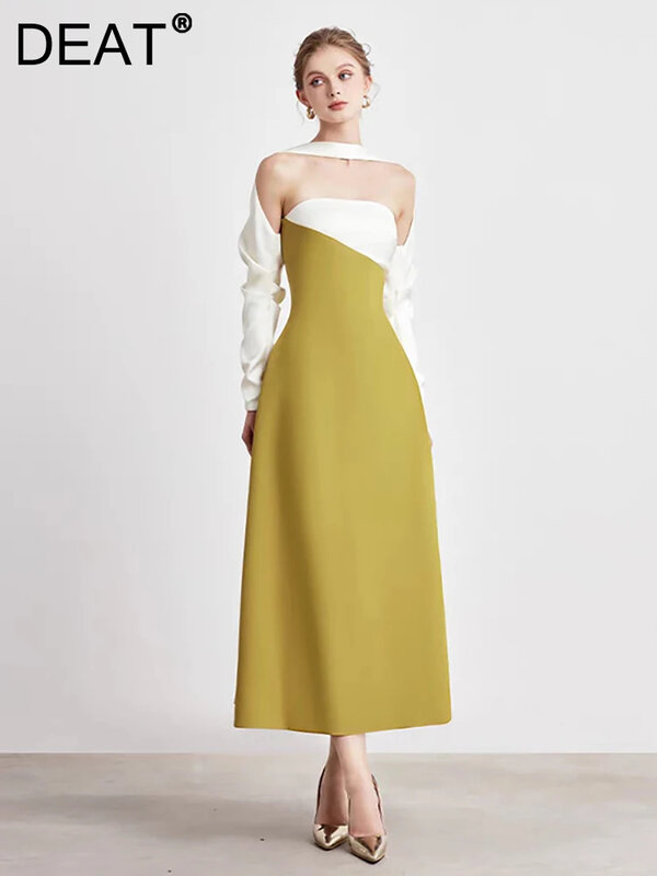 DEAT gaun elegan bahu terbuka tanpa tali gaun Halter pesta wanita asimetris warna kontras model baru musim panas 2024