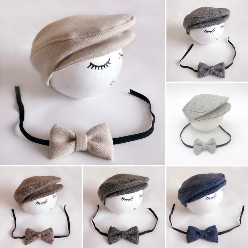 Herringbone Hat Bow Set para bebê recém-nascido, boné pico, laço, suporte de fotografia, ajustável, leve, respirável, roupa