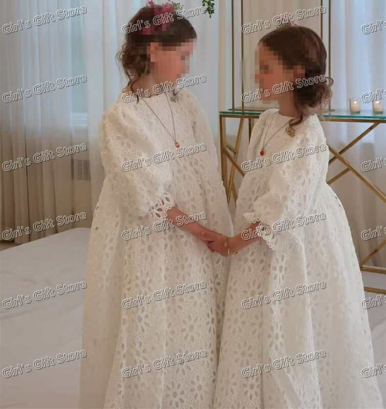 Eyelet gaun perempuan bunga renda untuk pernikahan gaun anak perempuan putri pinggang tinggi kontes cantik lengan balon gaun Komuni Pertama