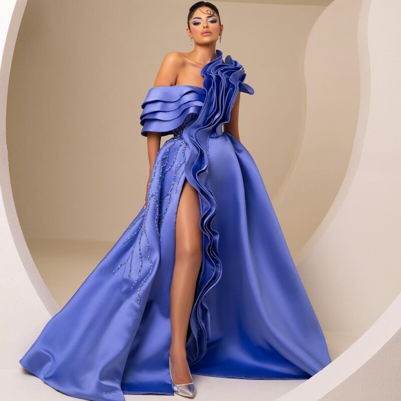 Satin Pleat Beading Tiered Homecoming Ball Gown One-shoulder Bespoke Occasion Gown Long Dresses