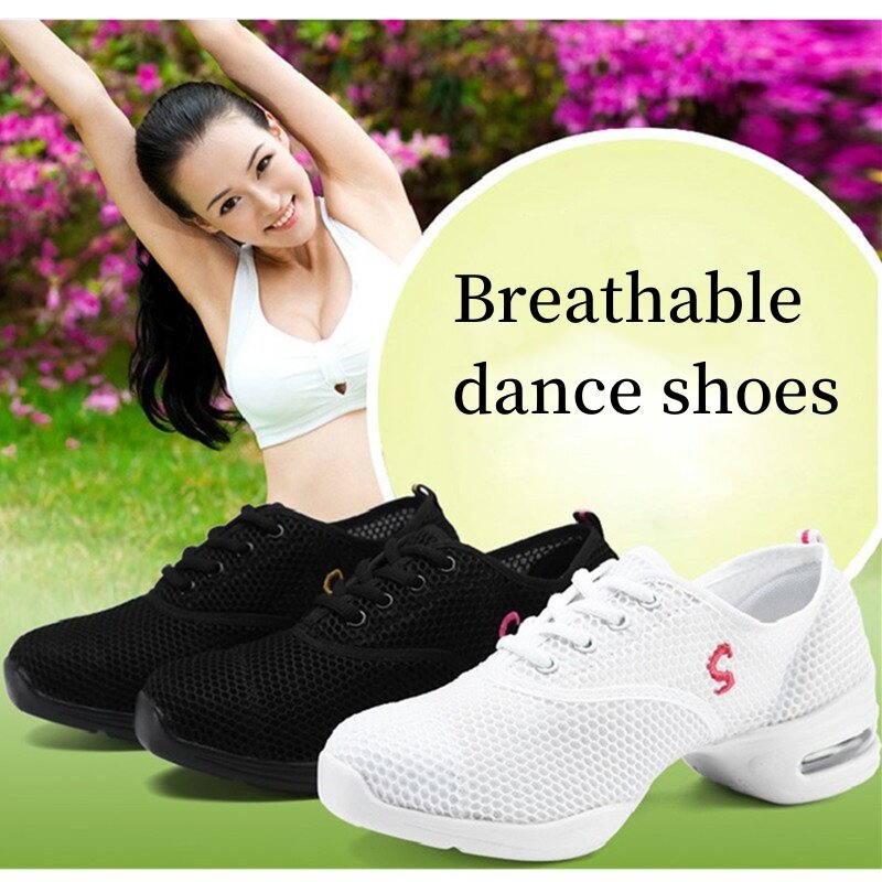 Женские кроссовки для танцев, мягкая подошва, дышащие, сетчатые, квадратные, легкие, джаз, современные танцевальные кеды для взрослых
