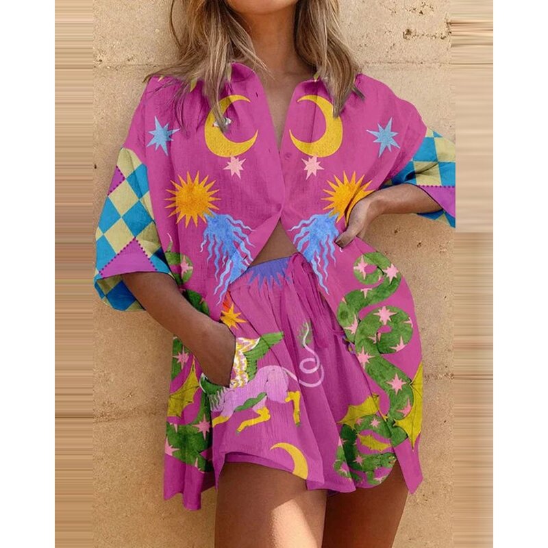 Abstract Print Two-Pieces Shorts Sets Outfits Summer Women Short Sleeve Buttoned Top & Drawstring Shorts Set Casual Clothing