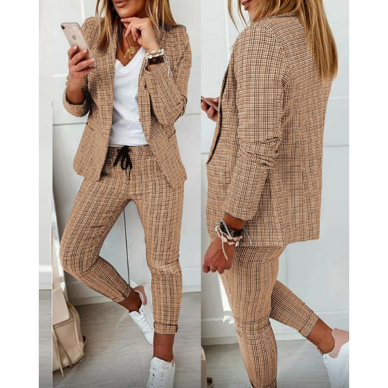 Blazer imprimé rabattu pour femme, ensemble deux pièces, pantalon de proximité, tenue décontractée, mode automne 2023