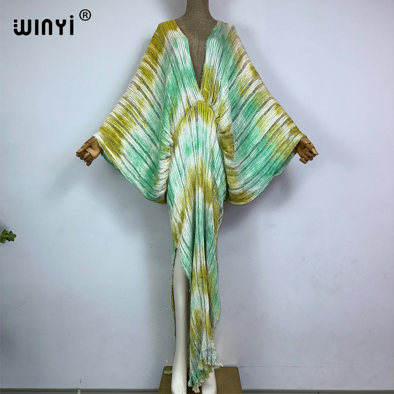 Winyi neue Tie-Dye-Print Sommer tiefen V-Ausschnitt gestrickt hohl sexy Kleid elegante boden fegende Abendkleid Frauen Beach wear Kaftan