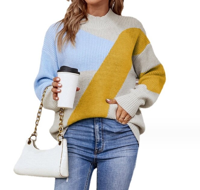 하프 하이 칼라 대비 양모 긴팔 여성 스웨터, 가을 겨울 2023, 핫 세일 패션, 가을 겨울 신상