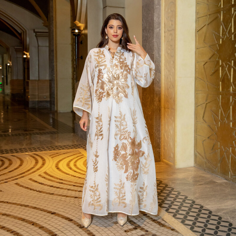 Middle East New Burnt Flower Sequin Skirt Light Luxury Celebrity Party Dress Muslim Abaya Arab Middle Eastern Robe Jalabiya
