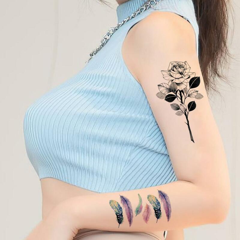 1PC 3D Rose Blume Temporäre Tattoo Aufkleber Frauen Körper Kunst Arm Bein Tattoo Aufkleber Realistische Gefälschte Schwarz Rose Wasserdicht tattoo