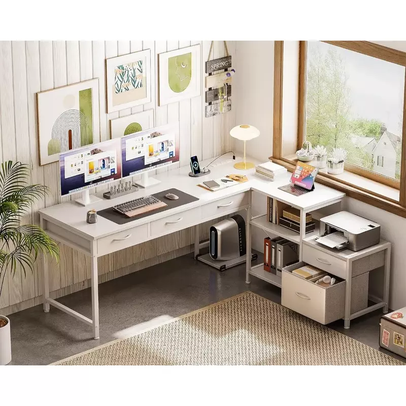 Meja Komputer bentuk L bolak-balik 61 inci, meja kerja kantor rumah dengan soket daya dan rak konsol, putih
