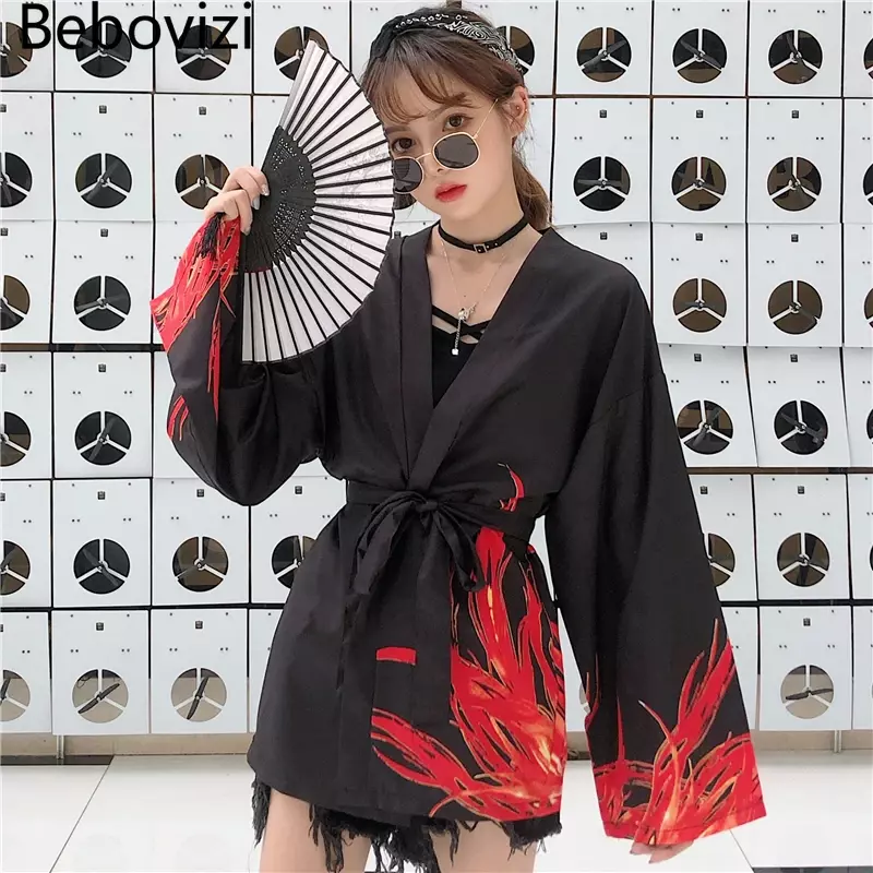 Bebovizi Kardigan Motif Menyala Fenix Gaya Jepang Kimono Harajuku Wanita Pria Seksi Yukata Pakaian Jalanan Tradisional Haori