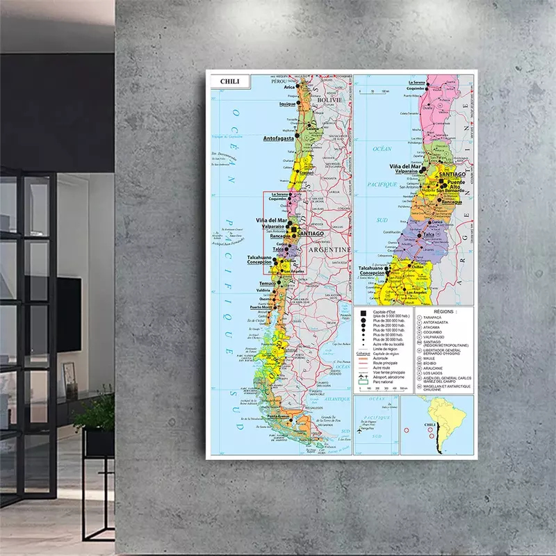 150*225 cm Die Chile Politische Karte (In Französisch) große Poster Nicht-woven Leinwand Malerei Wohnzimmer Dekoration Schule Liefert