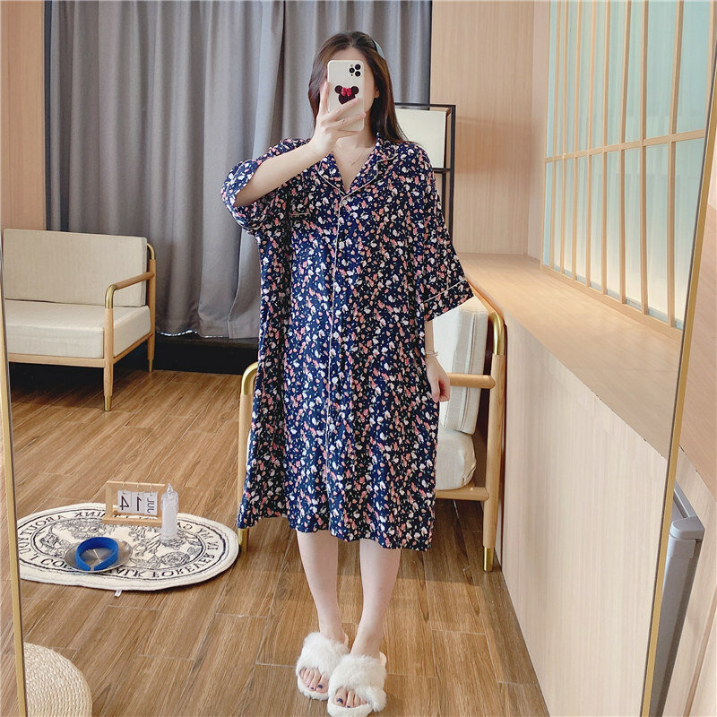 Solto abotoado noite vestido feminino verão viscose pijamas coreano três quartos mangas sexy flores macio fresco doce loungewear pjs