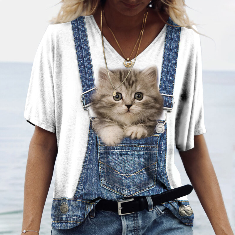Modieuze Dames T-Shirts Schattig Kitten 3d Print Meisje Zomer Harajuku Losse Casual Kleding Kawaii V-Hals T-Shirts Met Korte Mouwen