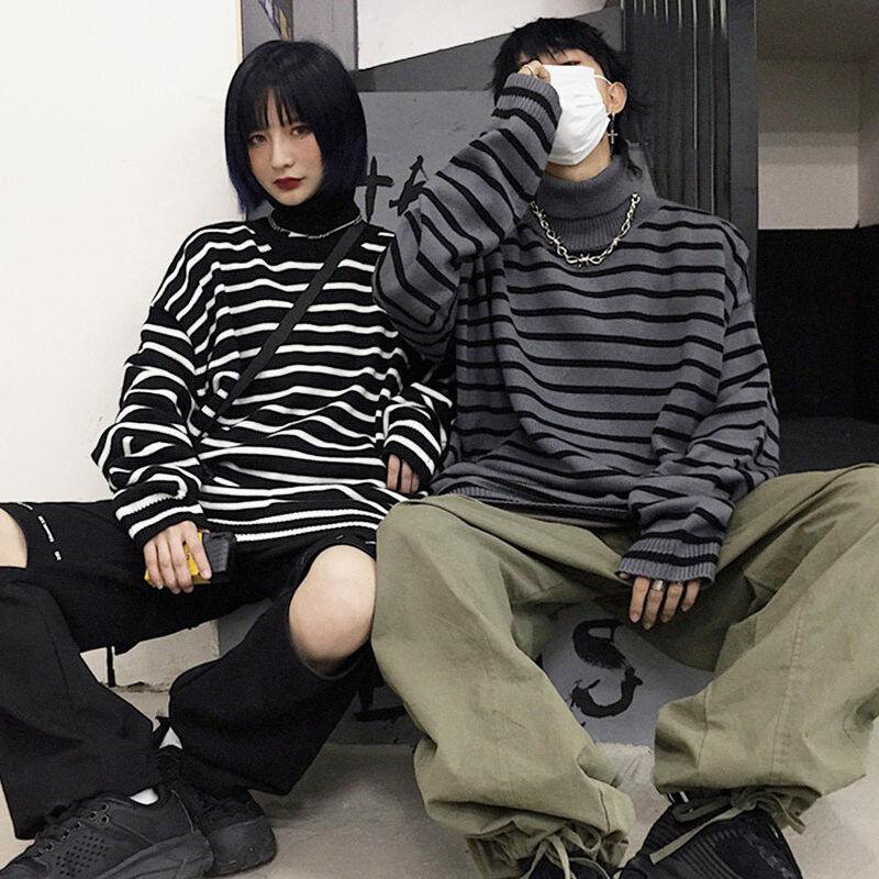Herbst Winter Rollkragen Männer Langarm Pullover Vintage Striped Print Koreanische Mode Harajuku Übergroßen Pullover Paar Kleidung