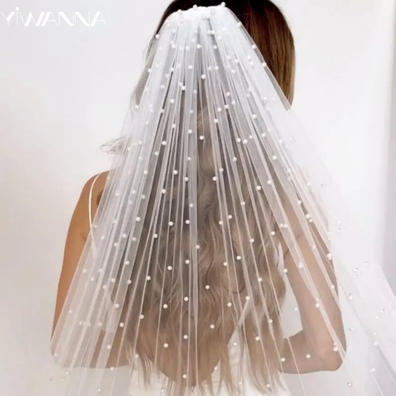 Glitter Pearls Bridal Veils Soft Tulle Veil with Comb Graceful High Quality Headdress for Marriage Wedding Accessories