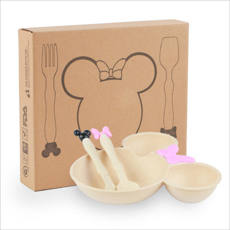 3Pcs/set Cartoon Baby Bowl Tableware Set Wheat Straw Children's Dishes Kids Dinner Feeding Plate Bowknot Food Plate Spoon Fork