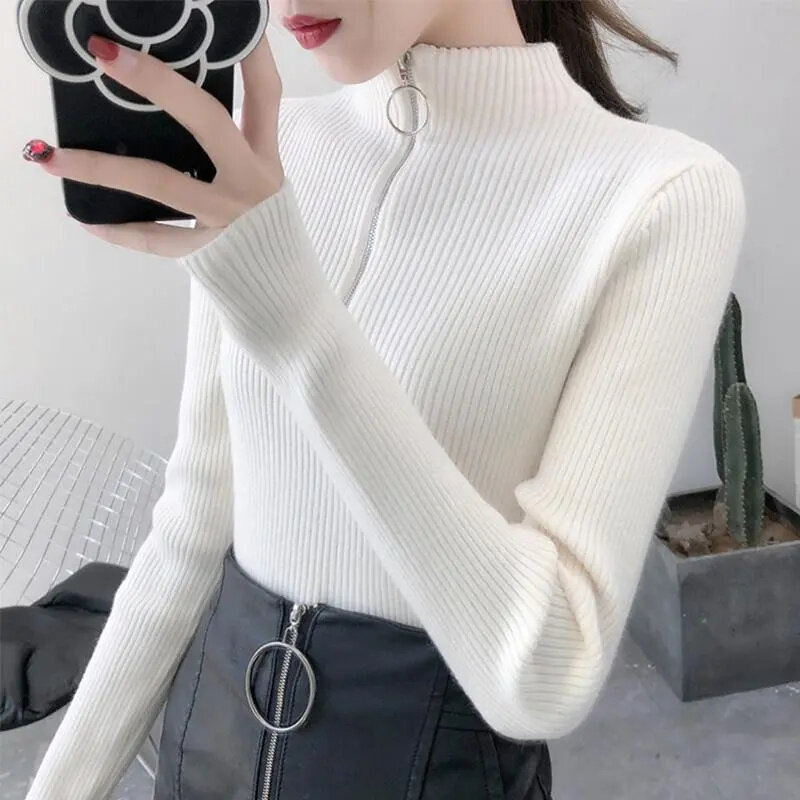 2023 Autumn Turtleneck Sweater Bottoming Sweater Women Ribbed Soft Zipper Elastic Pullover Warm Solid Color Slim Jumpers Top