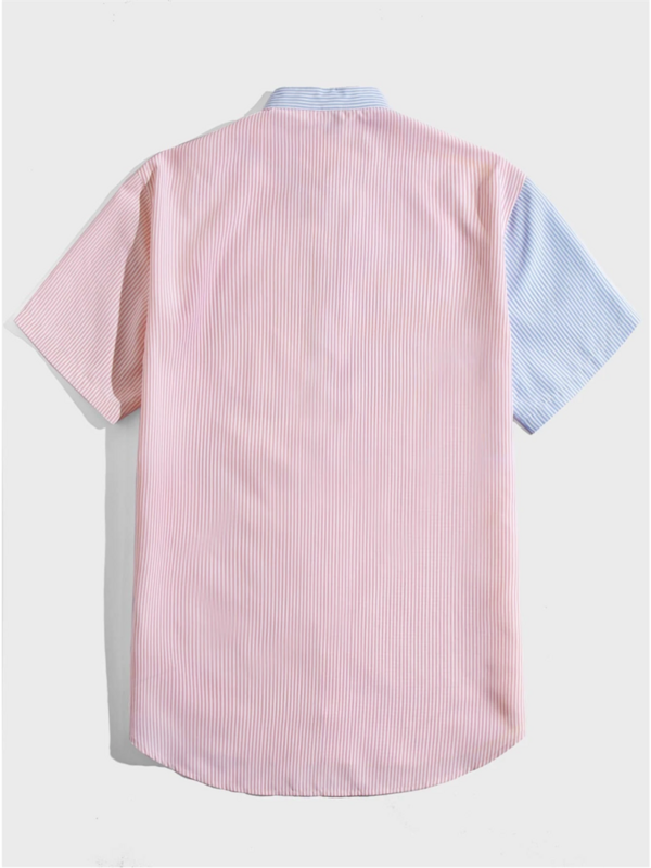 Camicia a blocchi di colore con stampa a righe da uomo estate manica corta colletto alla coreana bottone Casual abbigliamento moda Casual confortevole 5XL