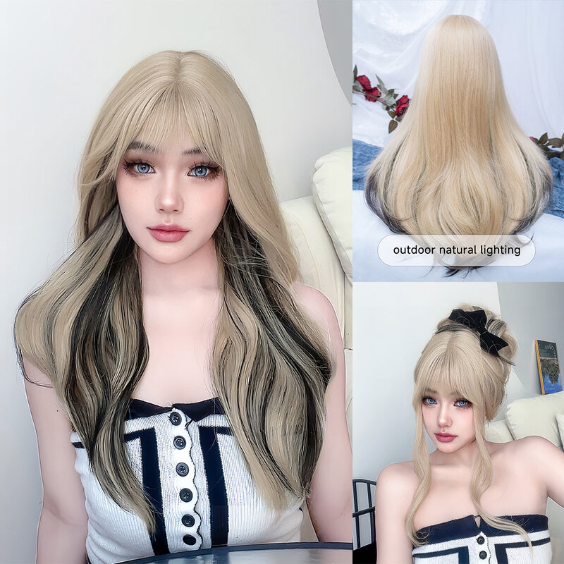 26Inch Gold Highlight Black Color Synthetic Wigs with Bangs Long Natural Straight Hair Wig for Women Daily Use Heat Resistant