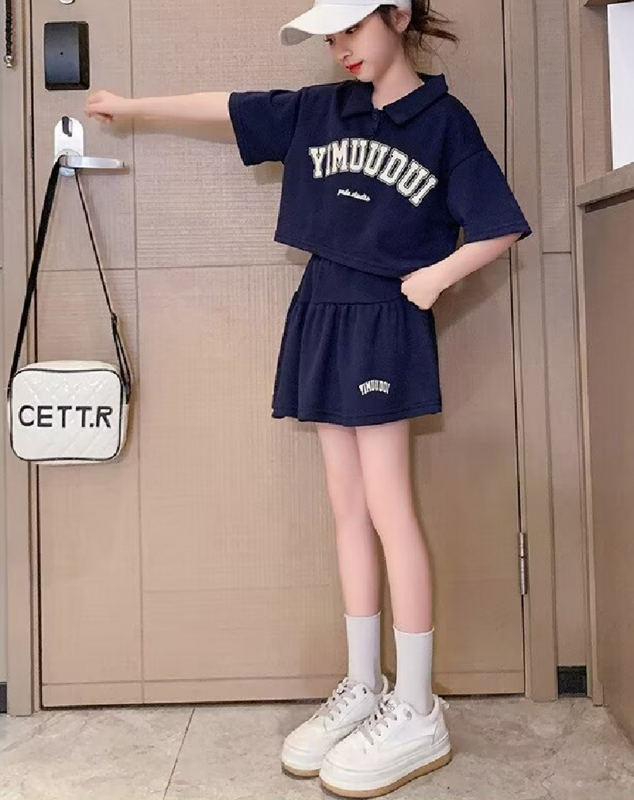 Conjuntos casuais de verão feminino, camiseta de manga curta e saias, moda infantil grande, roupas com estampa de letras, roupas esportivas 5-14Y, 2 peças