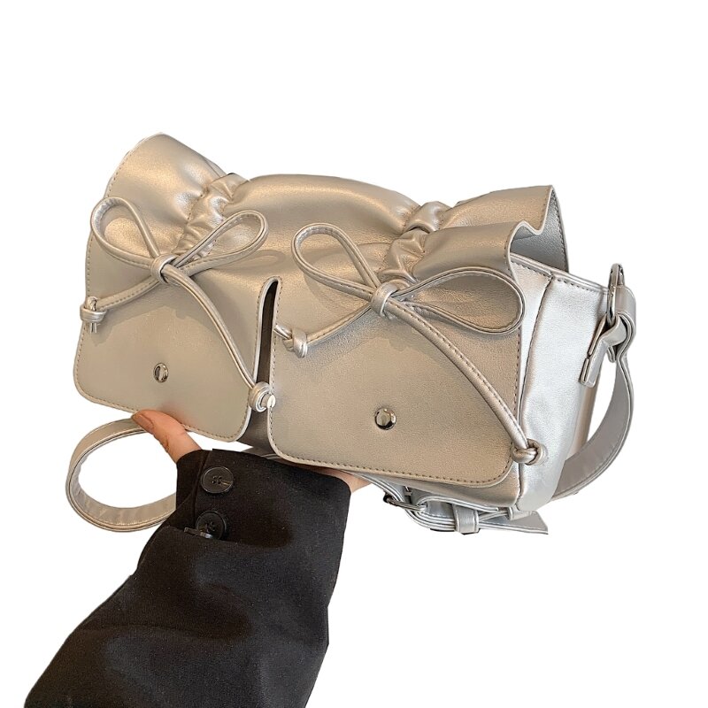 Aesthetic Crossbody Armpit Bag for Women PU Leaher Pleated Sweet Bowknot Shoulder Bag Adjustable Crossbody Underarm Bag E74B