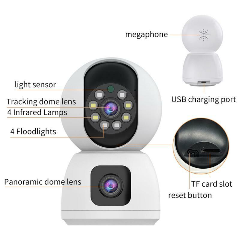 Kamera keamanan rumah nirkabel sudut lebar, kamera dalam ruangan lensa ganda deteksi gerakan Audio dua arah rumah