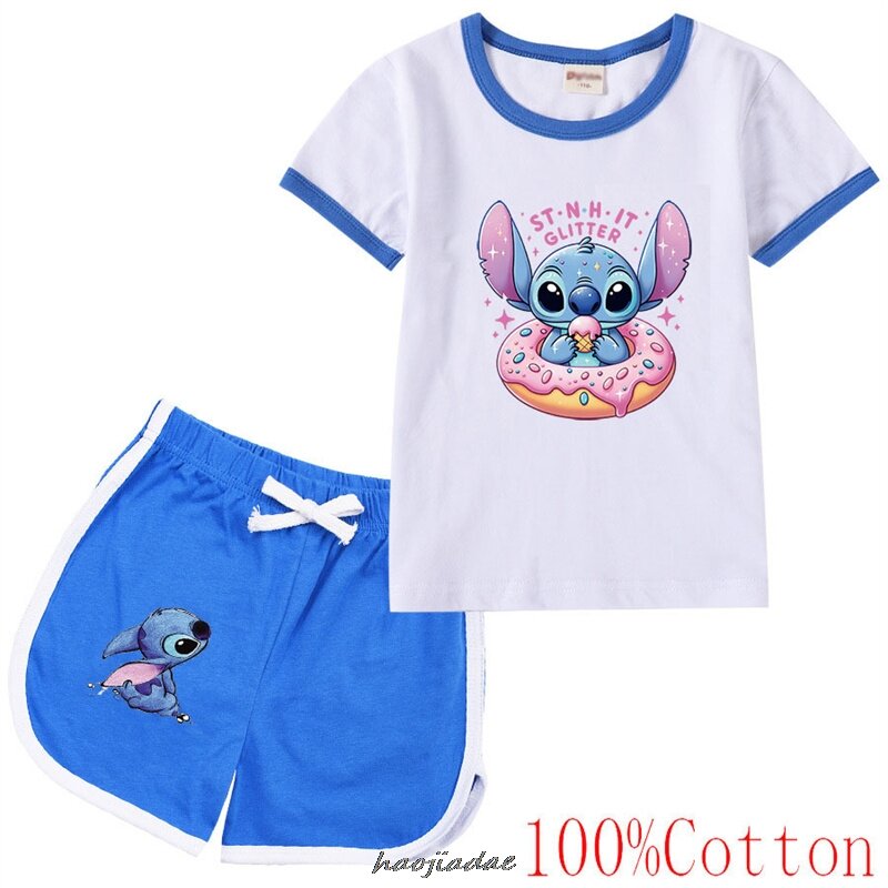 Lilo and Stitch 어린이 스포츠 의류, 세트 패션, 캐주얼 반팔 티셔츠 및 반바지, 만화 소녀 소년, 여름 2 개 세트