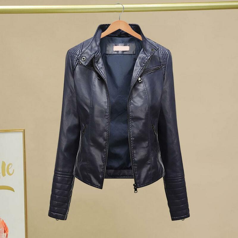 Artificial Leather Jacket Women Faux Leather Jacket Stylish Women's Slim Fit Faux Leather Biker Jacket with Stand Collar for A