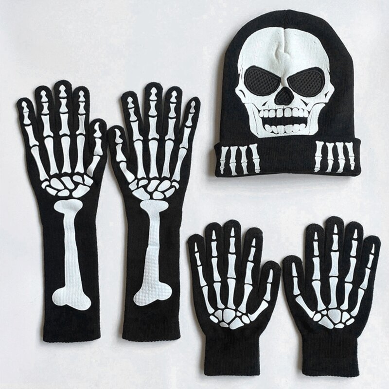 Luvas garra esqueleto Halloween que brilham no escuro Aquecedores mão para festa Gorro