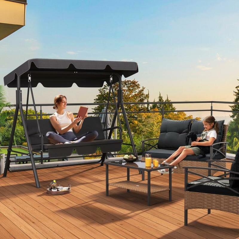A! 3-Sitzer Veranda Schaukel Outdoor Hochleistungs-Terrasse Schaukel mit Ständer verstellbaren Baldachin weiches Kissen für Garten, Terrasse, Rasen