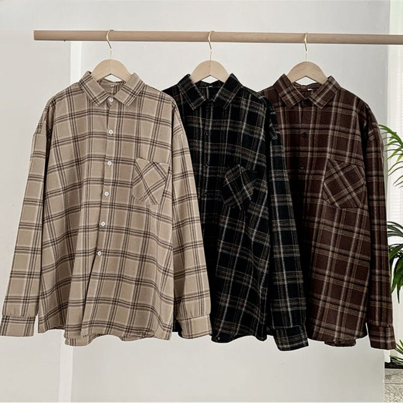 Plaid Shirts for Women Spring Autumn Clothing Long Sleeve Pockets Single Breasted All-match Young Students Chic Korean Style