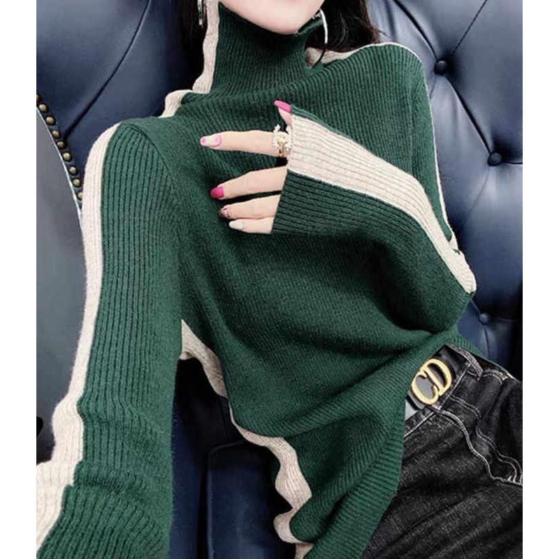 女性の長袖セーター,ハイカラー,対照的なストライプ,スリムフィット,カジュアル,ニット,秋と冬のファッション