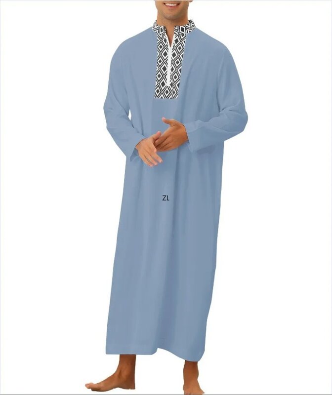 Moda musulmana para hombres, ropa de manga larga con cuello en V, negro, gris, rojo, poliéster, estampado Jubba Thobe, Abaya musulmana, 2024
